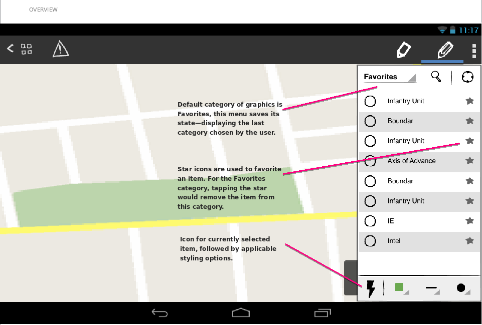 Annotated wireframe of a map with a graphics palette.