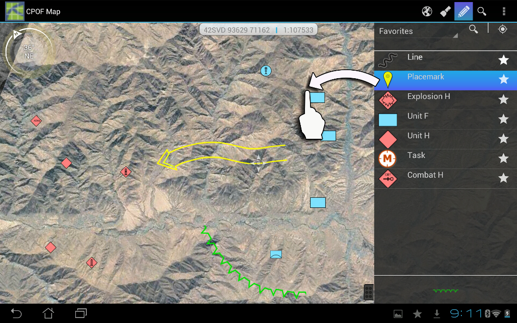 Screenshot of our tablet
application prototype showing a map and the action of creating an
annotation.